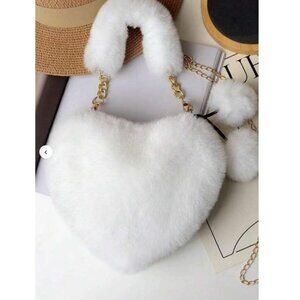 White Vintage White Heart-Shaped Fur Purse with Playful Pom-Pom Balls